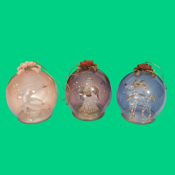 Vintage Christmas Set Of 3 Glass Globe Ornament Angel Reindeer Dolphin - Picture 1 of 8